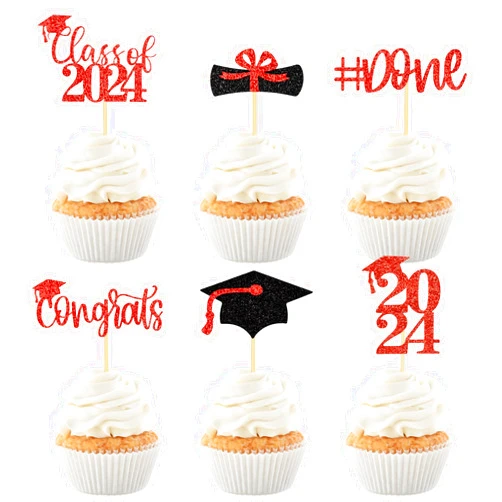 Hengmerry 72 Pcs 2024 Graduation Cupcake Toppers Glitter Graduation Cupcake Picks Class Of 2024 Cupcake Toppers Supplies Congrats Grad Cap Diploma Graduation Theme Party Cupcake Decorations Red