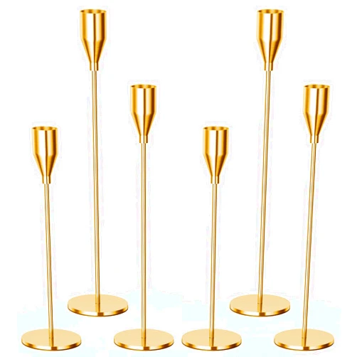 Muzisst Candle Holder, Gold Candlestick Holders Set of 6, taper Candle Holders, Candle Holder Decor on The Table/Fireplace/Cabinet, Brass Candlestick Holders, Candlesticks for Atmosphere Creator