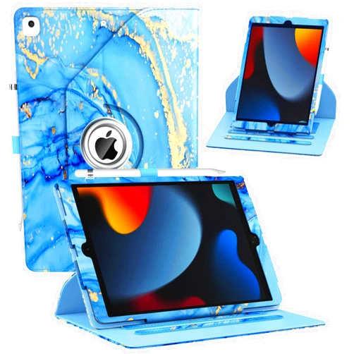 ZoneFoker Case for iPad 9th/ 8th/ 7th Generation, iPad 10.2 inch Case 2021/2020/ 2019, 360 Degree Rotating Stand, iPad 9 8 7 Gen 10.2'' Leather Cover with Pocket Design & Pencil Holder, Marble Blue