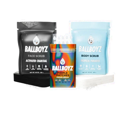 Ballboyz Game Plan Face Care Kit Designed for and by Athletes - Natural and Science Based - Activated Charcoal Face Scrub, Tropical Paradise Body Scrub and Pimple Patches