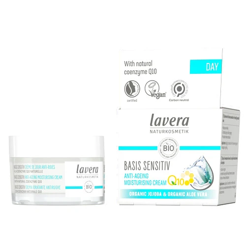 lavera Basis Sensitve Anti Wrinkle Moisturizing Cream - Face Cream with Q10 & Aloe Vera - Moisturizing Facial Cream - Anti Aging Cream - PETA Certified - Vegan - Made in Germany - 1.7 Fl Oz