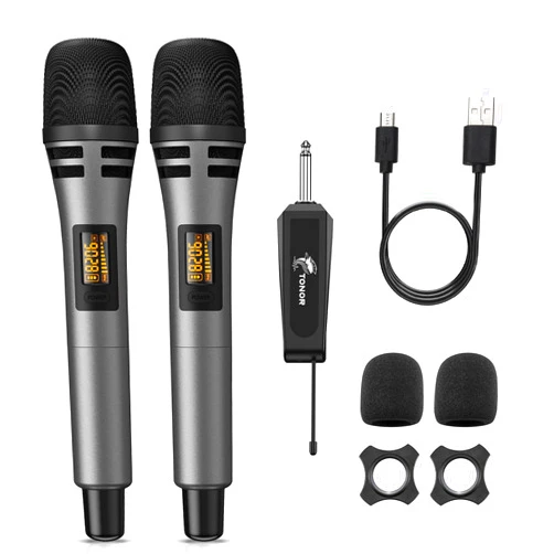 TONOR Wireless Microphones, UHF Dual Karaoke Microphone System, Microfonos Inalambricos with Rechargeable Receiver, Cordless Dynamic Mic Micro Set for Singing, Wedding, DJ, Party, Speech TW320 Grey