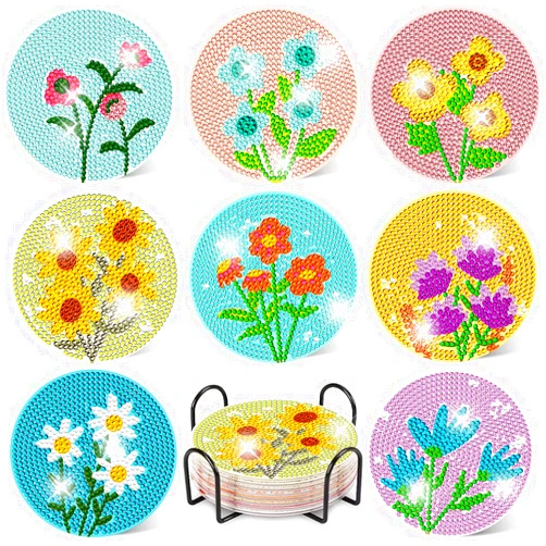 DOTZSO 8 Pcs Diamond Painting Coasters with Holder, Diamond Art Coasters for Beginners, Adults & Beginner Diamond Art Kits for Adults, Craft Supplies Diamond Art Coasters Adults Diamond Art Coasters