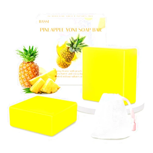 BASSI 2 PCS Yoni Soap Bars Feminine Wash, 100% Natural Organic Yoni Bar Soap for Women Ph Balance Yoni Wash Eliminates Odor Moisturizing Yoni Care Soap with Foaming Net, Pineapple Handmade Soap 3.53 OZ