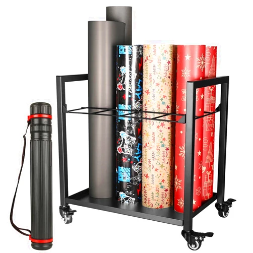 ONULISS Blueprint Holder with Poster Tube, 12 Slots Christmas Wrapping Paper Organizer Storage, Construction Paper Organizer with Locking Caster Wheels, Large Capacity Vinyl Storage Organizer