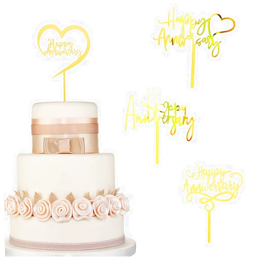 JYNice 4pcs Gold Happy Anniversary Cake Toppers Wedding Anniversary Acrylic Cake Toppers for Happy Anniversary Party Decorations Photo Props Supplies