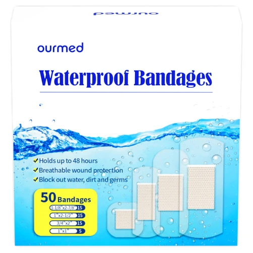 Ourmed Waterproof Bandages, Clear Adhesive Bandages for First-Aid, Wound Care, Fingers, Knees and Heels, Stays on Skin in The Bath, Shower or Pool, Assorted Sizes, 50 Count, HSA FSA Eligible