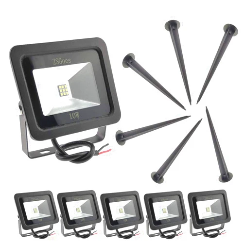 ZSGoes 6 Pack Warm White 10W LED Flood Light Outdoor Waterproof IP65, Wall Security Landscape Lamp, Home, Square, Yard, Garage, Street, Pathway, Spike Stand, Low Voltage 12V 24V 36V 48V 60V DC AC