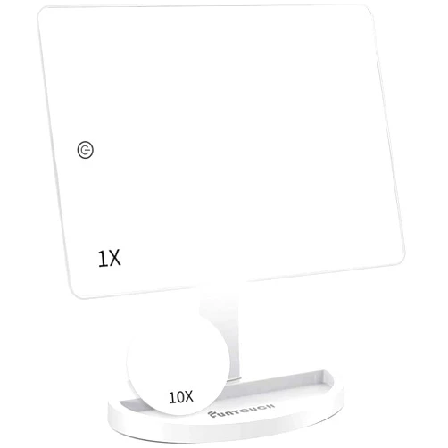 FUNTOUCH Large Lighted Vanity Makeup Mirror (X-Large) with 35 LED Lights, Touch Screen Dimmable and 10X Magnification Dual Power Supply 360°Rotation Tabletop Cosmetic Mirror