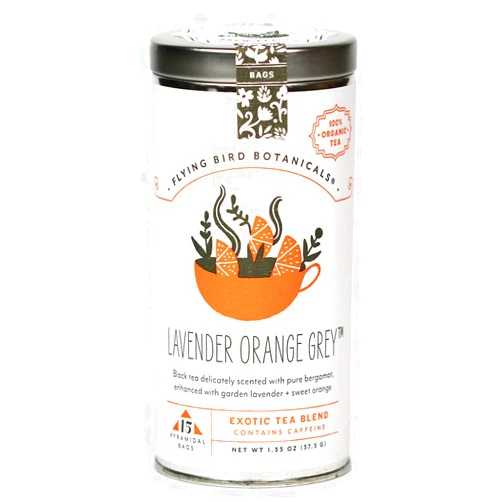 Flying bird botanicals Lavender Orange Grey Exotic Organic Fair Trade Black Tea Blend 15 Pyramidal Bags 37.5 g 1.33 oz