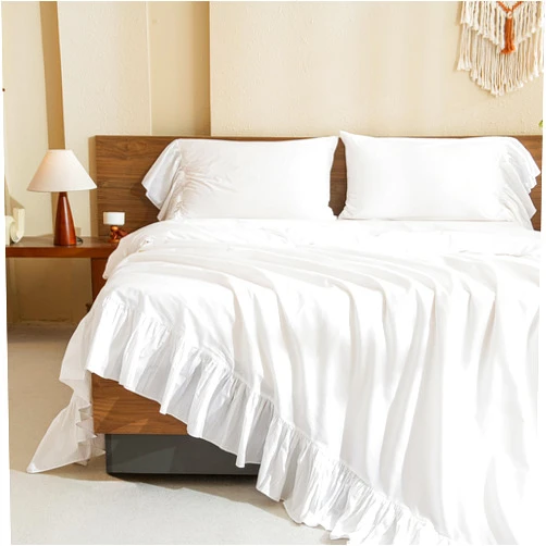 QSH Queen's House White Ruffles Bed Sheets Set Cotton Queen Size Sheets-Style G