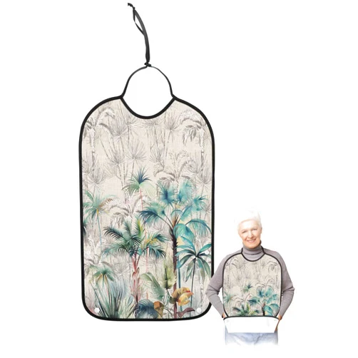 Sabolny Teal Green Palm Tree Adult Bib for Eating with Crumb Catcher,Summer Tropical Coconut Plant Modern White