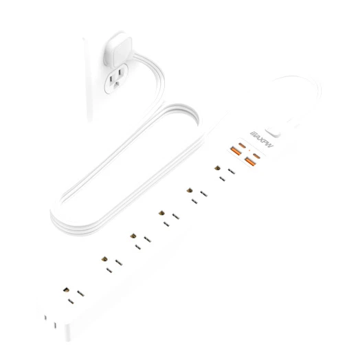 Maxpw 6 Ft Power Strip Surge Protector - 7 Outlets 4 USB Ports (2 USB C), Maxpw Ultra Thin Flat Extension Cord & Flat Plug, 1700 Joules, Wall Mount, Desk Charging Station for Home Office Dorm, White