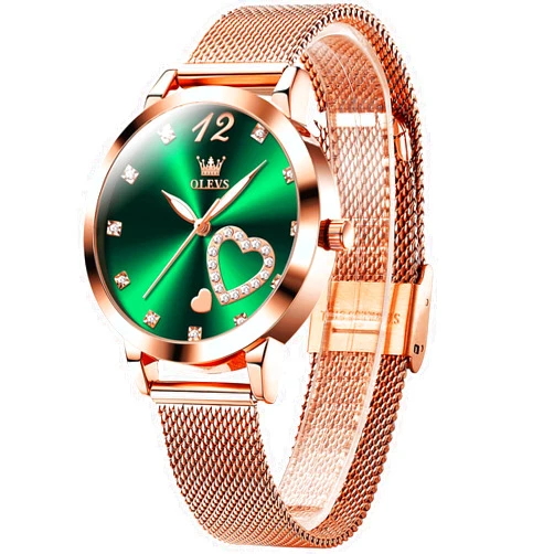 OLEVS Womens Watch, Small Wrist Rose Gold Tone Cute Diamond Heart Arabic Numerals Dial Ladies Watch, Fashion Waterproof Mesh Bracelet Analog Dress Watch for Women