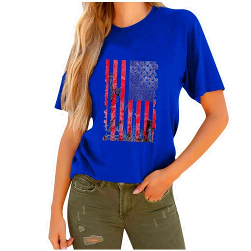 Cheyubny American Flag Shirts for Women Summer Short Sleeve Loose Tops Plus Size 4th of July Tops Oversized Graphic Tees