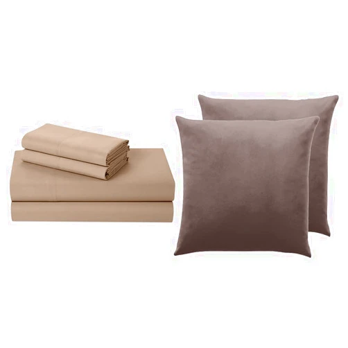 lalaLOOM Bed Sheets 4 Piece Set and Velvet Throw Pillow Covers Set of 2, Bed Sheet Size King in Taupe, Breathable Microfiber, Throw Pillowcases Size 16x16 in Taupe, 2 Item Bundle