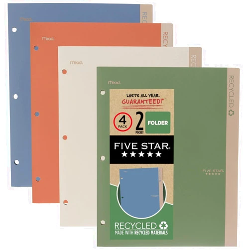 Five Star 2 Pocket Folders, 4 Pack, Recycled Plastic Folders with Stay-Put Tabs and Prong Fasteners, Fits 3-Ring Binder, Holds 11” x 8-1/2” Paper, Writable Label, Clay, Green, Blue, Gray (33002)