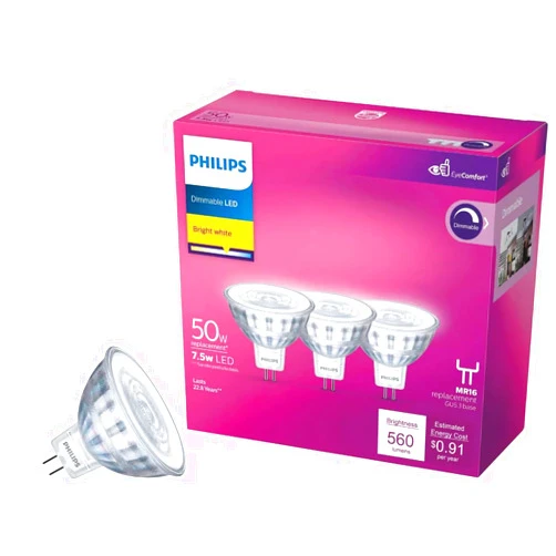PHILIPS MR16 GU5.3 LED Floodlight 50W Equivalent, Dimmable, Bright White 3000k- 3 Pack