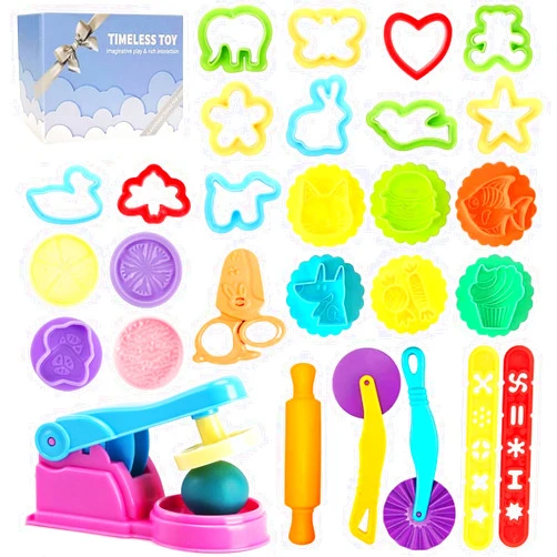 Decebaya Dough Tools Play for Kids- Toy Accessories Include Stamps Cutter Scissor Roller Extruder Molds and Storage Box Party Favors Set for Age 2-8