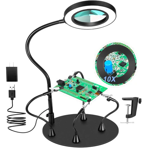 MagnieOpti Magnetic Helping Hands Soldering Station with 10X Magnifying Glass with light, PCB Holder 4 Flexible Arms Magnifier and Third Hand Tool for Electronic Repair Soldering Jewelry Craft