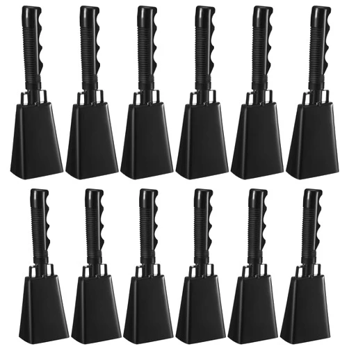 Pelopy 12 Pcs Large Cow Bell 9 '' Cowbell with Handle Cowbells for Sporting Events Hand Percussion Cheering Bell Chimes for Football Game, Alarm Loud Noise Makers, Musical Instrument(Black)