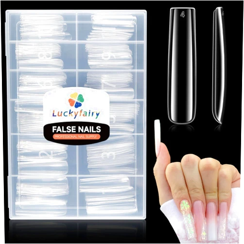 Luckyfairy Extra Long Square Nail Tips, XXL 120Pcs 12 Sizes No C Curve Clear Acrylic Nails Straight Tapered Square Press on False Nail Tips for Nail Extension Nail Art Salon Home DIY