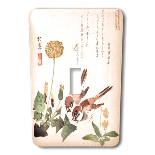 3dRose - Japanese Vintage Art Sparrow Birds and Dandelion Flowers Beige Green - Light Switch Cover - (lsp-364633-1)