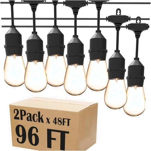 Magictec LED Shatterproof String Lights Commercial Grade with 15 Hanging Sockets 48 Ft Black Outdoor Weatherproof Cord Strand for Patio Garden Porch Backyard Bistro Gazebo Party Deck Yard, 2 Pack