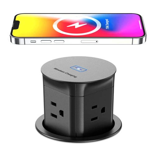 Jgstkcity Pop Up Outlet with 15W Wireless Charger,4 Outlets 15A, Splash Resistant,3 inch Desk Hole Power Grommet,Space Saver Pop Up Power Outlet for Kitchen Countertop,Office Conference Table (Black)