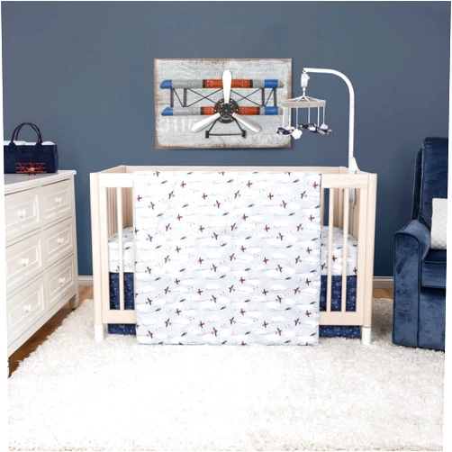 Sammy & Lou Adventure Awaits Air Traveler Breathable 3-Piece Baby Nursery Crib Bedding Set, Includes Quilt, Fitted Crib Sheet, and Crib Skirt