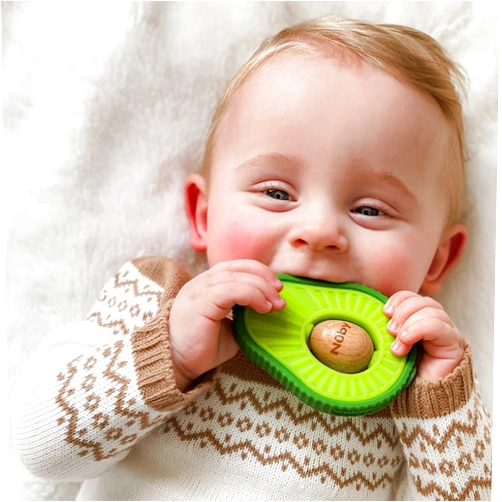 Nuby Silicone Avocado Teether with Spinning Wood Seed- 3+ Months