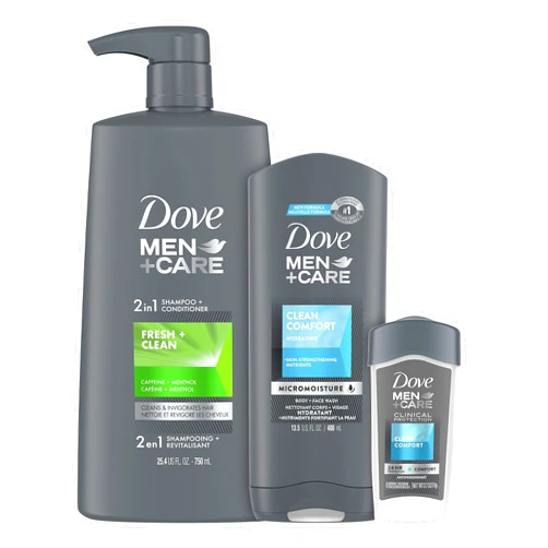 DOVE MEN + CARE Hair + Skin Care Regimen Personal Care for Men Clean Comfort + Fresh & Clean Body Wash, 2-in-1 Shampoo and Conditioner, and Antiperspirant Clinical Deodorant