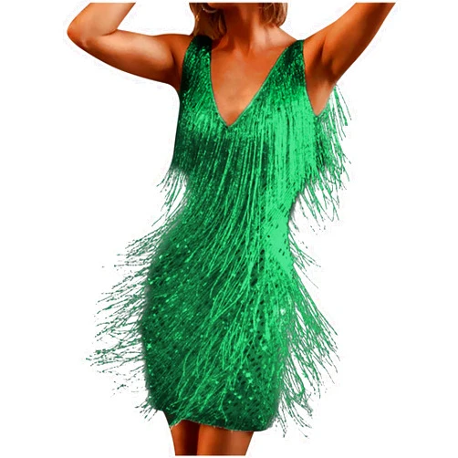 Ruziyoog Fashion Dress for Women Elegant Tassels Sequin Fringe Flapper Dresses Sexy Spaghetti Straps Mini Dancewear Dress