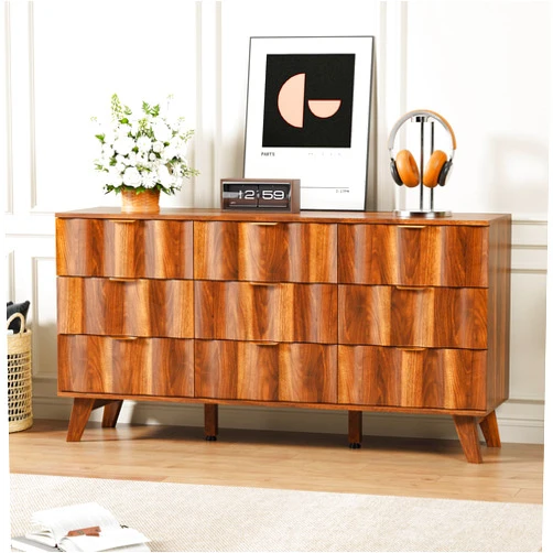 QEIUZON 9 Drawer Dresser, Modern Fluted Storage Dresser with Deep Drawers and Metal Handles, Wood Chest of Drawers Storage Organizer for Bedroom, Living Room, Hallway (Walnut)
