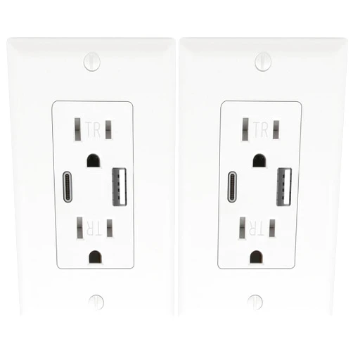 POWAWINI 2 Pack - POWAWINI Wall Outlet 15 Amp, UL Listed, USB C & USB A Port, Self-Test with LED Indicator, Tamper-Resistant Receptacle with Decor Wall Plates and Screws (White)