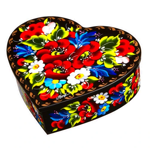 Sapfir Petrykiv Ethnic Floral Style Heart-Shaped Lacquer Wooden Jewelry Box Hand Painted in Ukraine, Beautiful Gift for Women, Storage Case for Earrings, Necklace and Rings (Green)