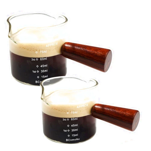 BCnmviku 2 PCS Double Spouts Measuring Triple Pitcher Milk Cup with Wood Handle 75ML Espresso Shot Glasses Parts Clear Glass By BCnmviku