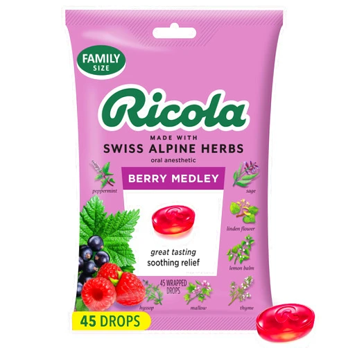 Ricola Berry Medley Throat Drops, 45 Count, Delicious Throat Relief & Care, Oral Anesthetic, Naturally Flavored