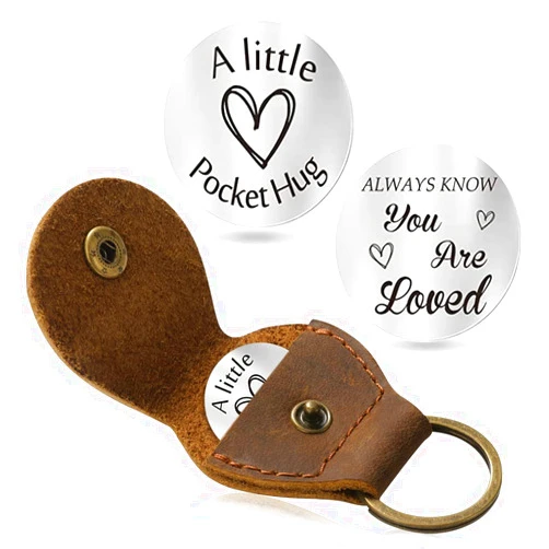 Jack&Chris Pocket Hug Token Long Distance Relationship Keepsake, Double Sided Message Engraved with Leather Keychain, JC65