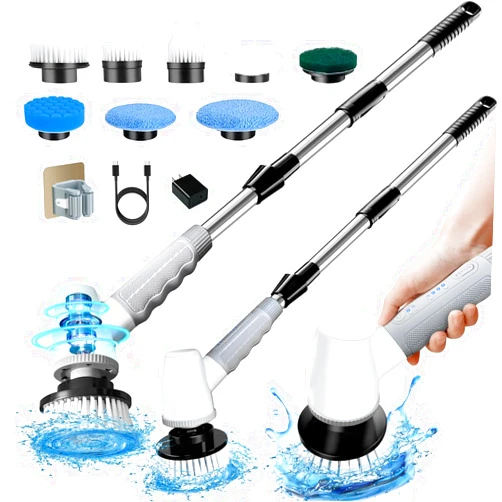 Setrel Electric Spin Scrubber Bathroom Scrubber - Cordless Shower Scrubber with Adjustable Handle, 2 Speeds, Bathroom Scrubber with 8 Replaceable Brush Heads, Power Scrubber for Bathroom Bathtub Cleaning