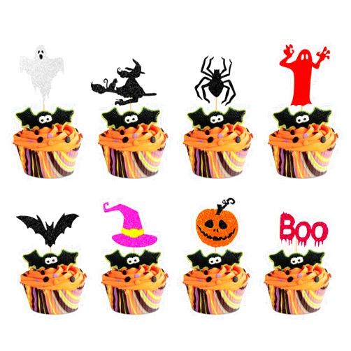 MOAXMOA Glitter Happy Halloween Cupcake Toppers including Pumpkin Boo Ghost Hat Witch Spider Bat Food sticks Decorations for Halloween Themed Kids Birthday Party -40PCS
