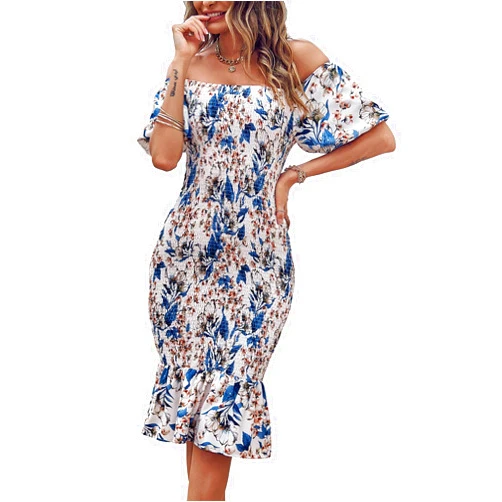 PRETTYGARDEN Women's Summer Floral Midi Bodycon Dresses Short Puff Sleeve Square Neck Ruffle Hem Mermaid Cocktail Dress