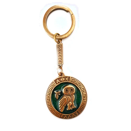 Iconsgr Key Ring Ancient Coin Owl of Athena Shield Goddess Athena Keychain Green