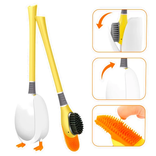 PandaFairy Silicone Bathroom Toilet Brush Plunger,Wall Mounted Brush Flexible flexers deep Clean to Corner and Holder，Kawaii Duck Unique drip Free Cover Bowl Cleaner Brush Set(Yellow)