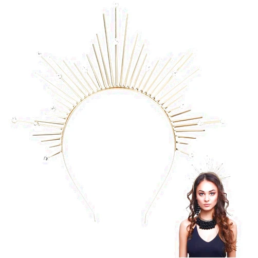 CABODYALS Gold Halo Crown Sunburst Spike Rhinestone Crystal Greek Godness Headband Vintage Renaissance Renfaire Headdress Mary Headpiece for Women Wedding Cosplay Pageant Festival Costmue Accessory