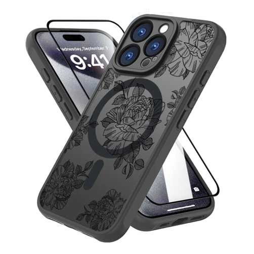 CASEOWL Compatible for iPhone 16 Pro Case Magnetic [Compatible with MagSafe] Cute Floral Pattern Translucent Matte Shockproof Phone Case for Women Girly Slim Soft Edge 16 Pro Case Cover,Black Flower