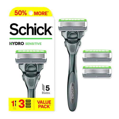Schick Hydro Sensitive Razor, 1 Razor Handle and 3 Cartridges | Razors for Men Sensitive Skin, 5 Blade Razor Men, Mens Razors for Shaving, Razor Blades for Men, 1 Handle with 3 Razor Blades Refills