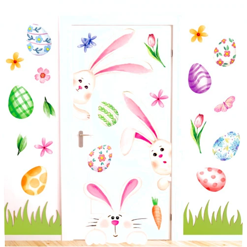 JarThenaAMCS Easter Door Stickers Watercolor Bunny Rabbit Egg Floral Wall Decals Large Mural Stickers for Spring Party Home Porch Refrigerator Window Decor, 2 Sheets