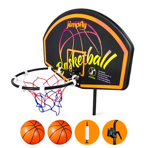 Jumpfly Trampoline Basketball Hoop, Basketball Hoop for Trampoline Easy to Install, Universal Trampoline Accessories Basketball Hoop Attachment Fits Straight Pole & Curved Pole with Mini Balls & Pump
