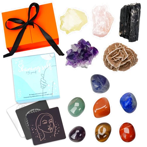 MiyouLuna Crystals and Healing Stones & 50 Self-Affirmation Cards Set – 7 Chakra Stones, Amethyst Cluster, Rose Quartz, Desert Rose, Black Onyx, 50 Affirmation Cards, Velvet Pouch & Guide